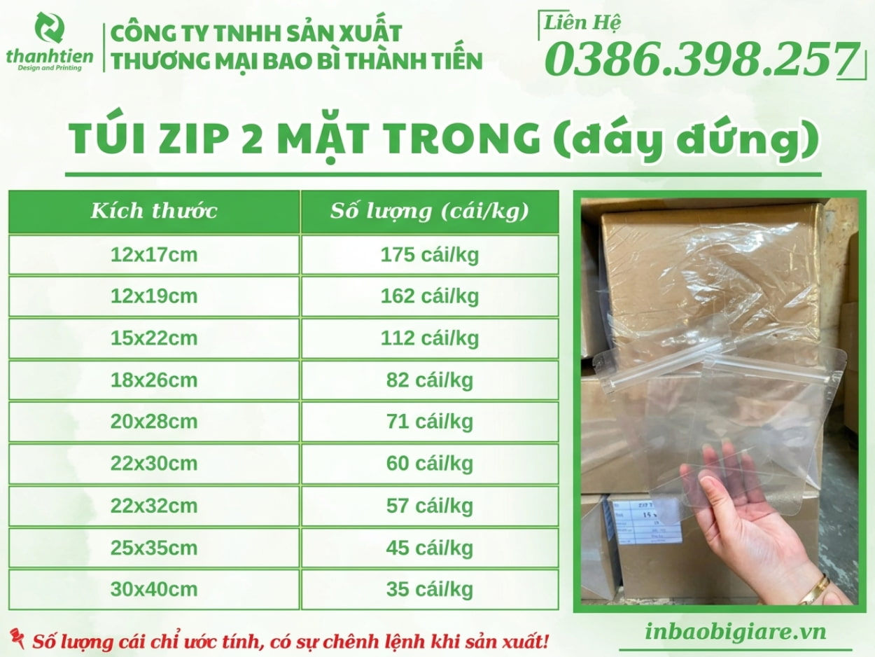 k&iacute;ch thước t&uacute;i zip trong đ&aacute;y đứng