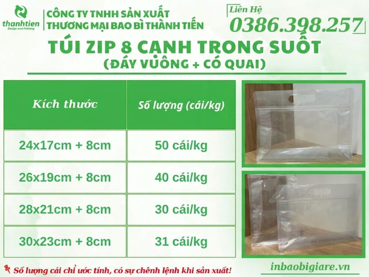 k&iacute;ch thước t&uacute;i zipper 8 đ&aacute;y vu&ocirc;ng trong suốt c&oacute; quai