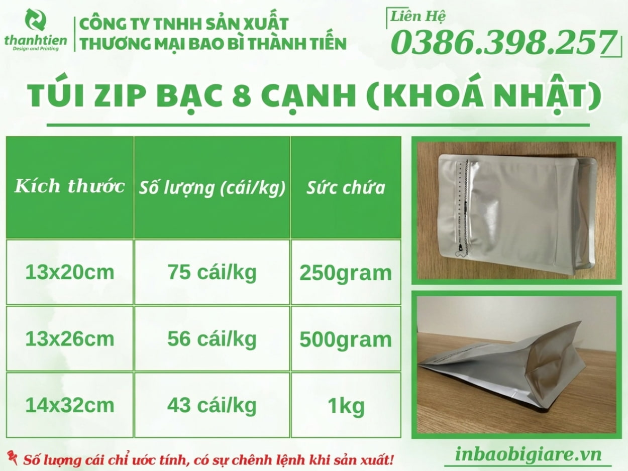 k&iacute;ch thước t&uacute;i zip 8 cạnh 2 mặt bạc gi&aacute; sỉ