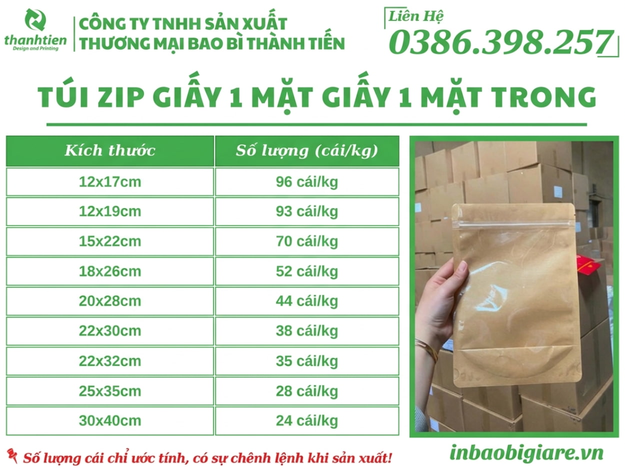 mẫu t&uacute;i zip giấy 1 mặt trong