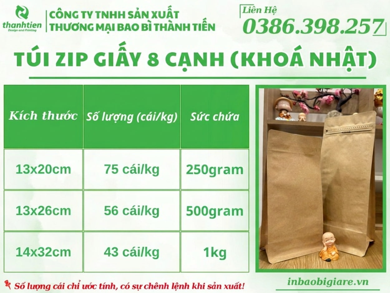k&iacute;ch thước t&uacute;i zip 8 cạnh gi&aacute; sỉ
