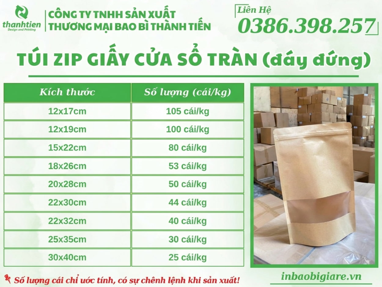 t&uacute;i zip giấy kraft c&oacute; cửa sổ c&oacute; đủ size