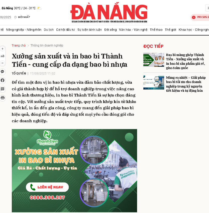 Báo Đà Nẵng giới thiệu về In Bao Bì Giá Rẻ Thành Tiến