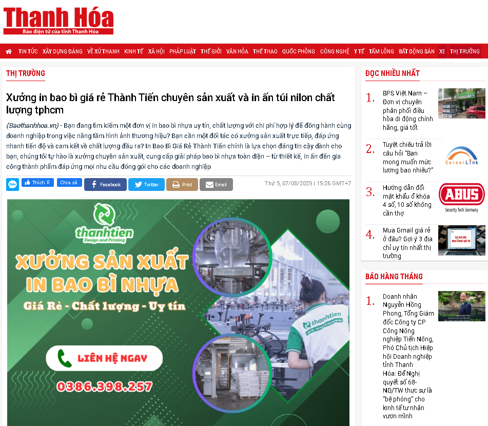Báo Thanh Hóa giới thiệu về In Bao Bì Giá Rẻ Thành Tiến