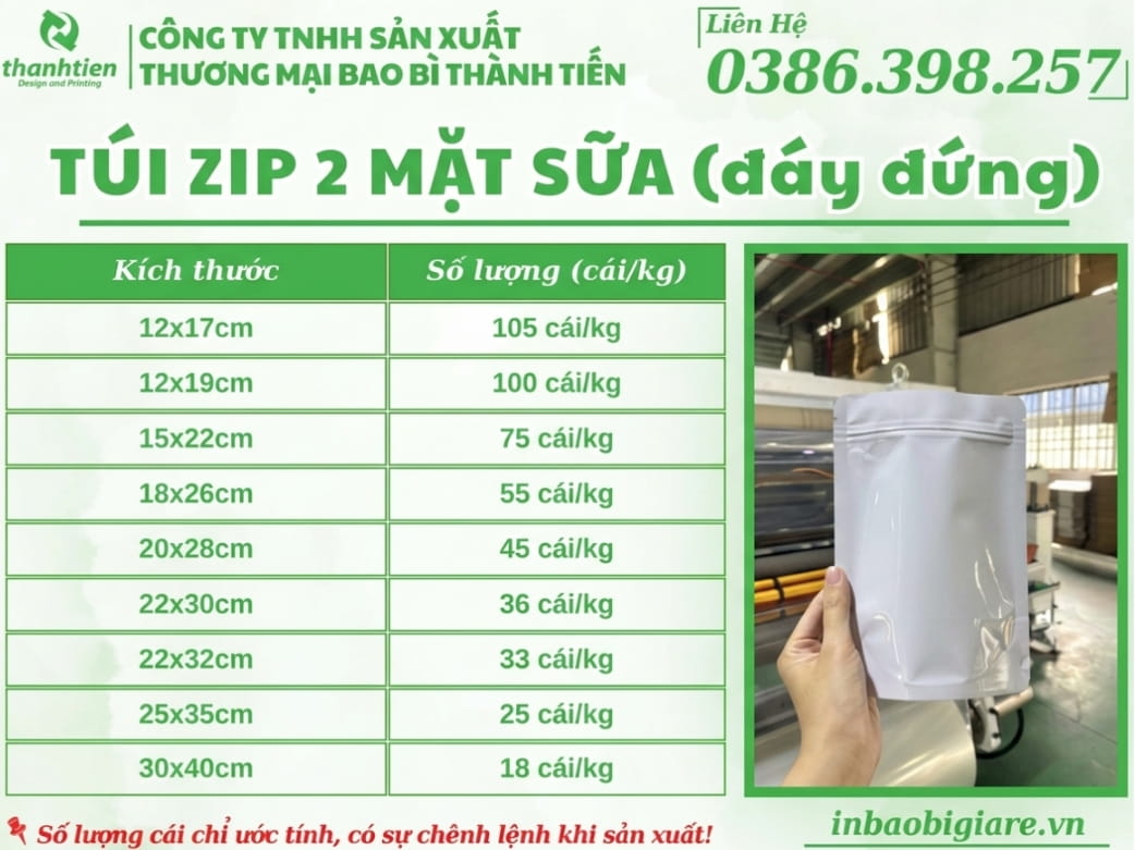 k&iacute;ch thước t&uacute;i zip 2 mặt sữa