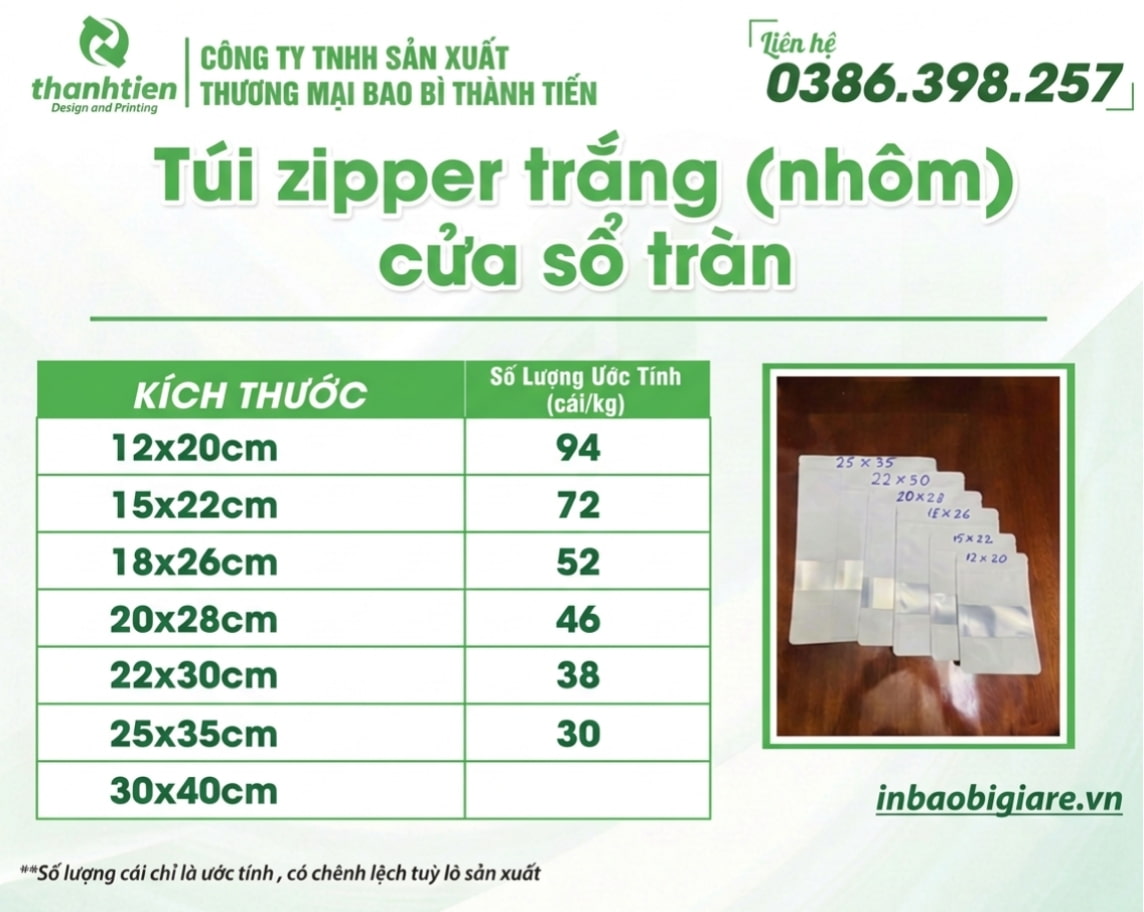 k&iacute;ch thước t&uacute;i zip sữa c&oacute; cửa sổ